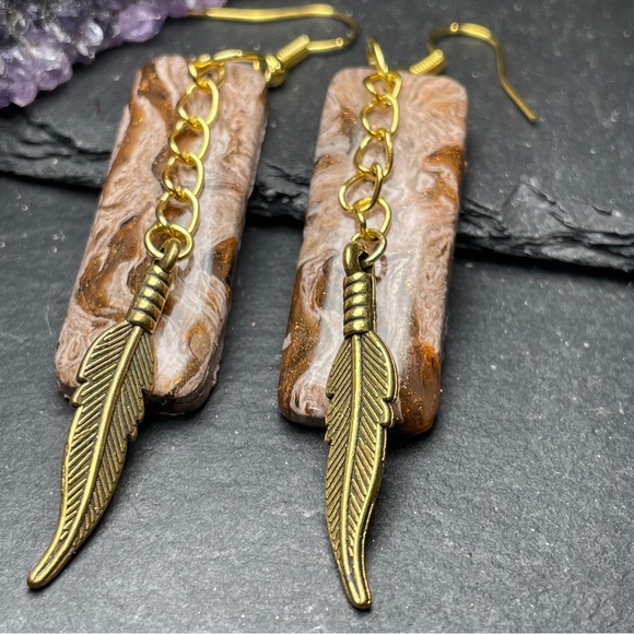 Elegant Hand Crafted Gold and Brown Feather Dangle Earrings - Picture 6 of 14